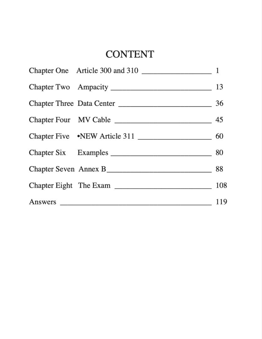 Table of contents with chapter titles and numbers.