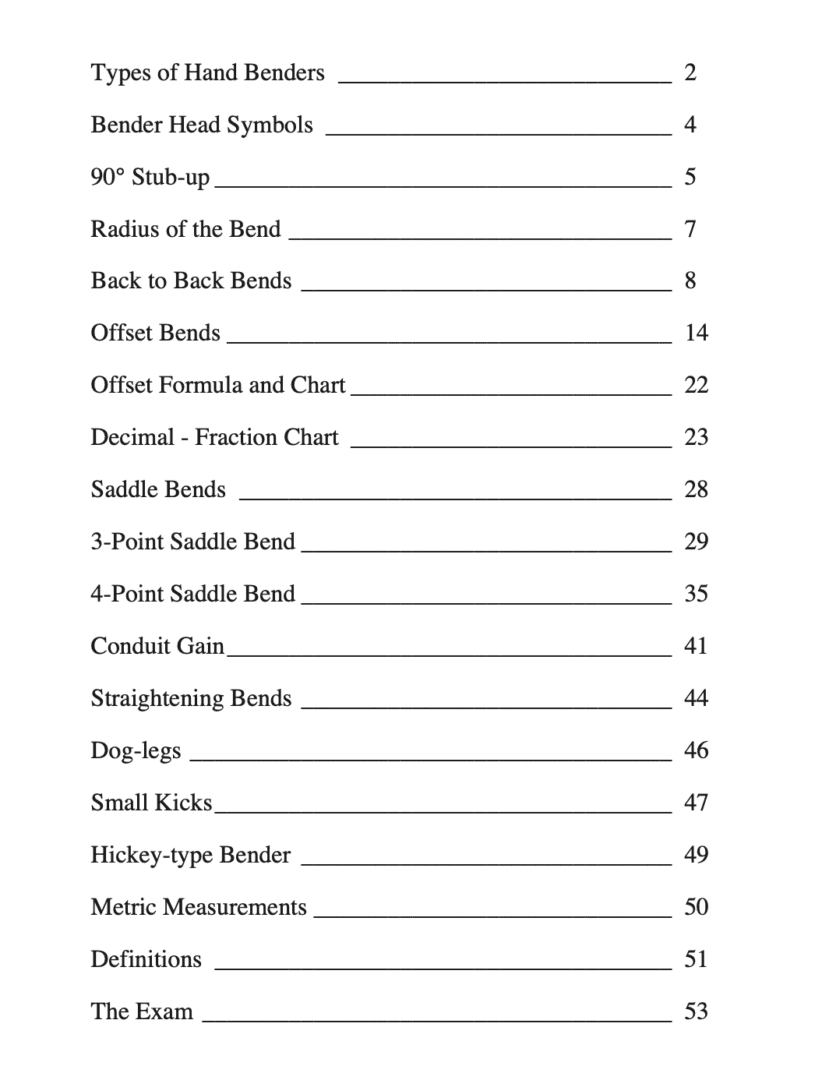 Table of contents for bending techniques.