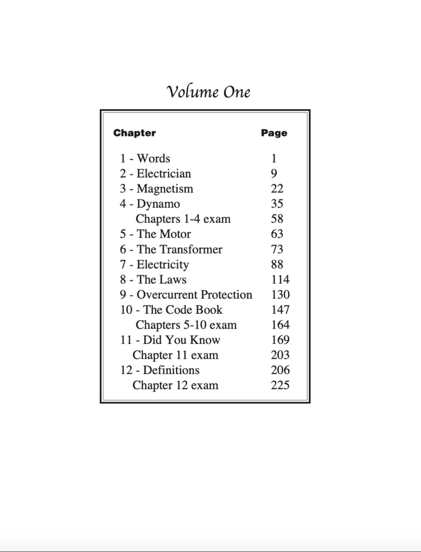 Volume One book table of contents page.