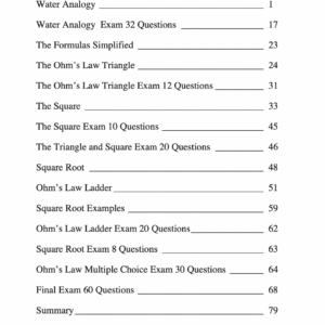 Table of contents page listing topics and exams.