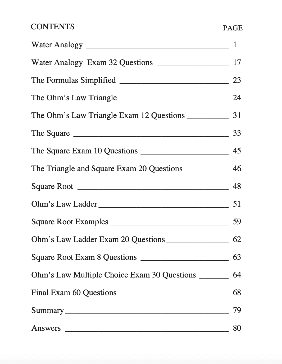Table of contents page listing topics and exams.