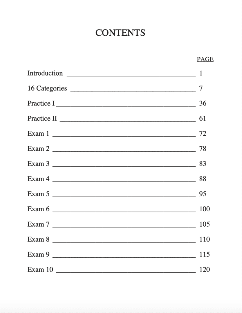 Table of contents page with sections listed.