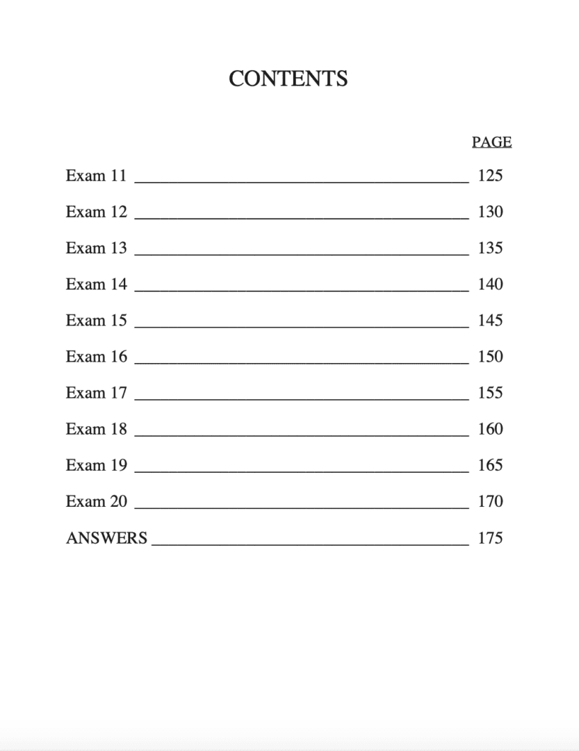 Table of contents with exam page numbers.