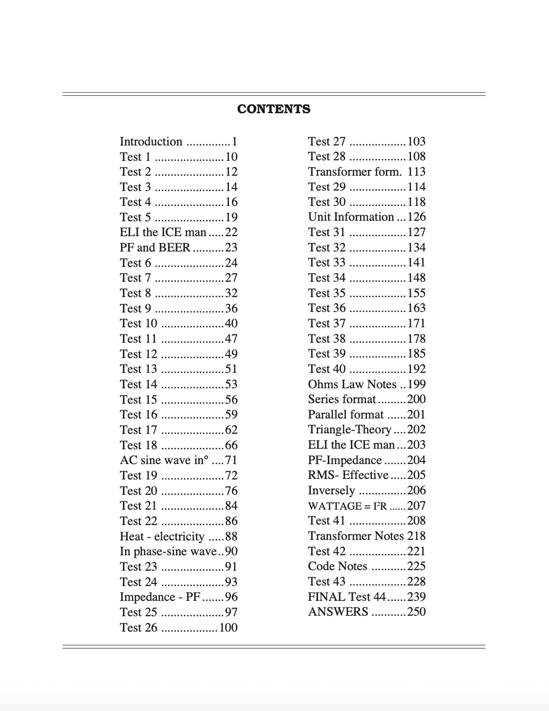 Table of contents with test listings.
