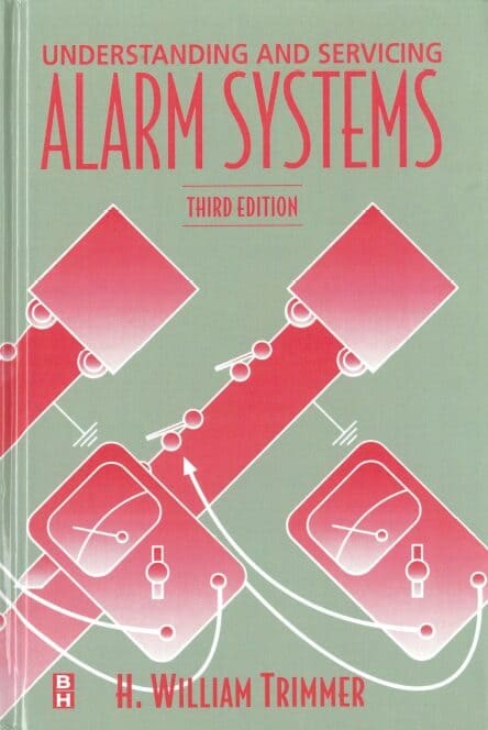 A book cover with red and white images of an alarm system.