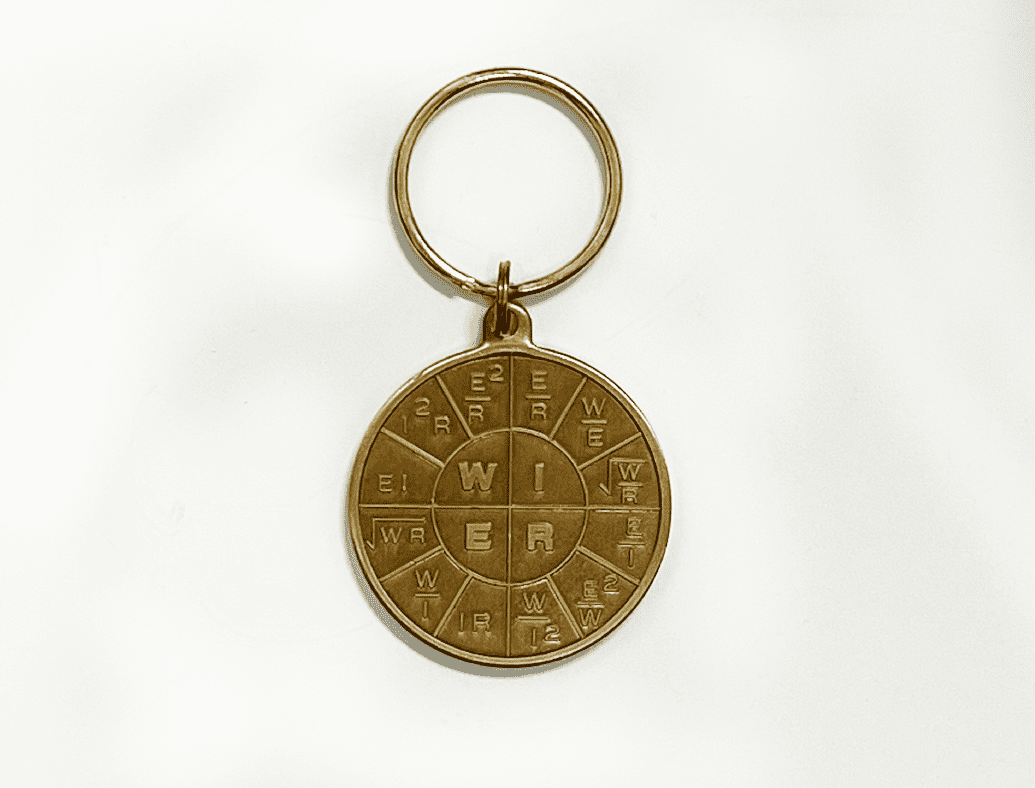 A gold key chain with the word " lucky " on it.