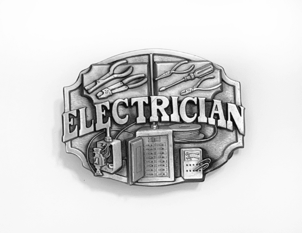 A silver belt buckle with the word electrician on it.