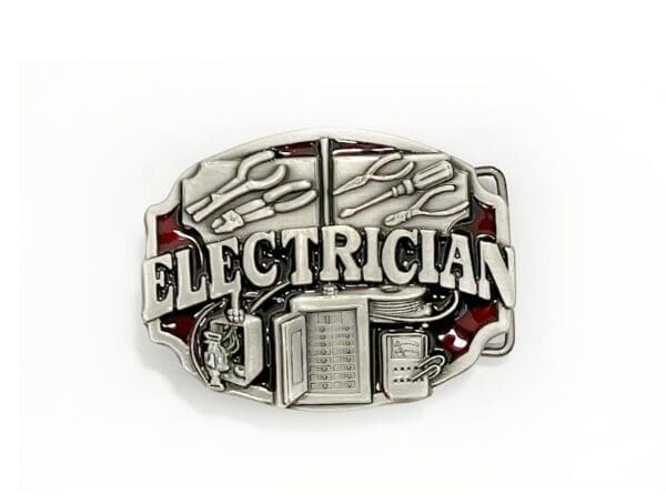 A belt buckle with the word electrician on it.