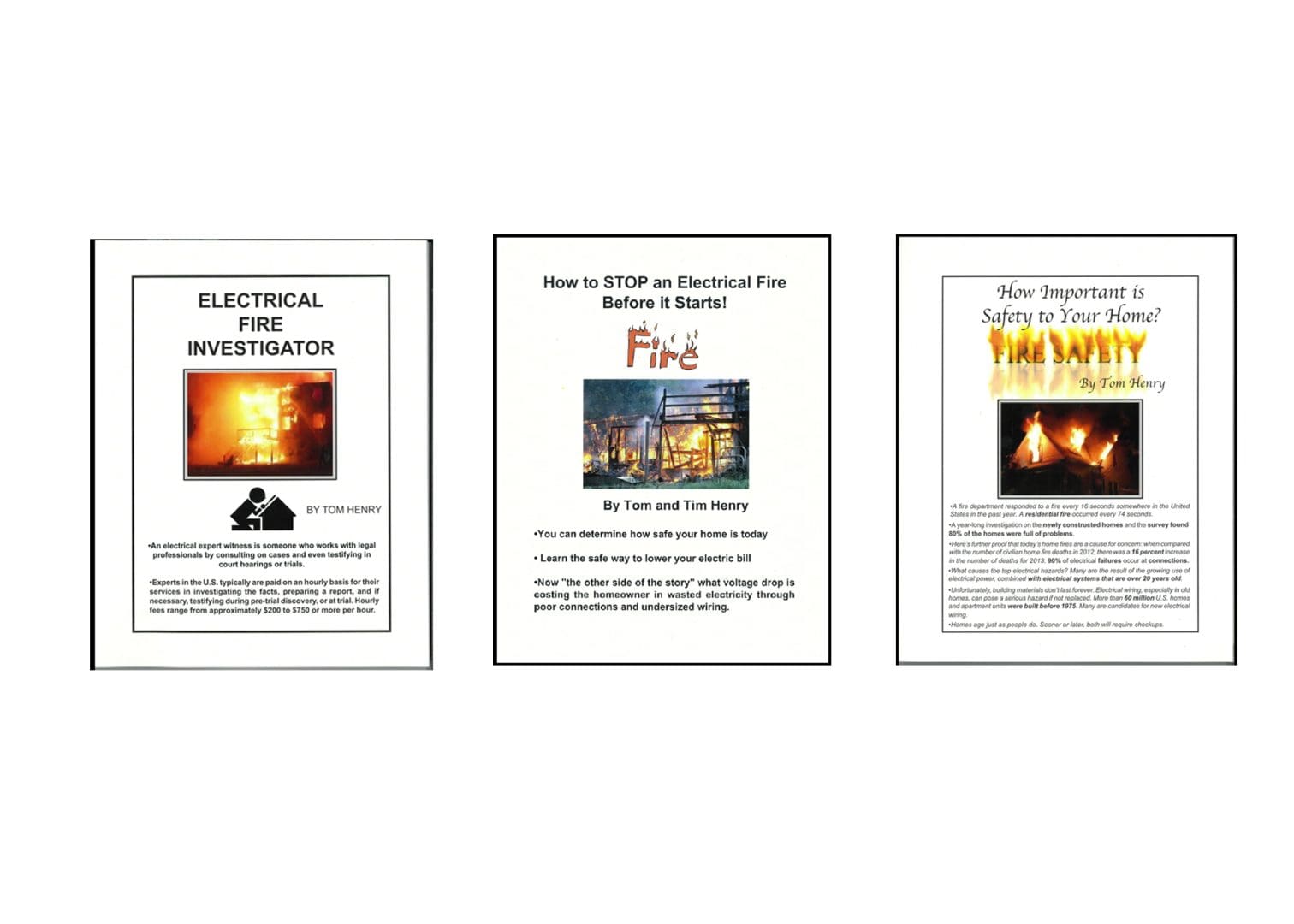 Three different books about electrical fires and their effects.