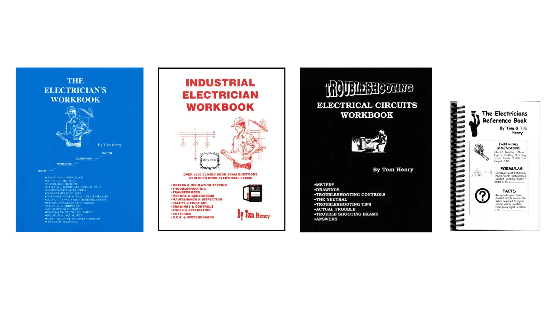 Three books about electrical circuits and industrial electrician workbook.