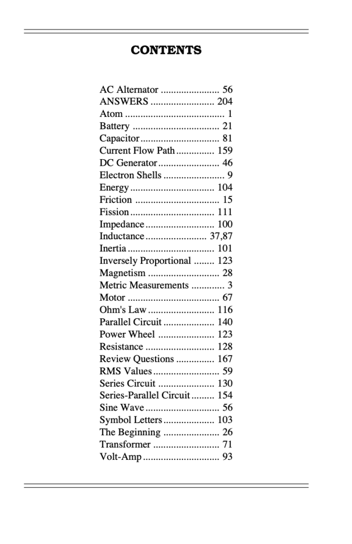Table of contents with various topics listed.